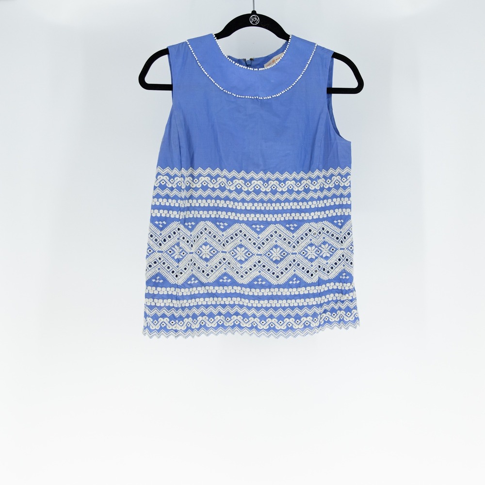 Tory Burch Cotton Sleeveless Scoop Neck Embroidered Blouse Shirt Top Blue Ivory